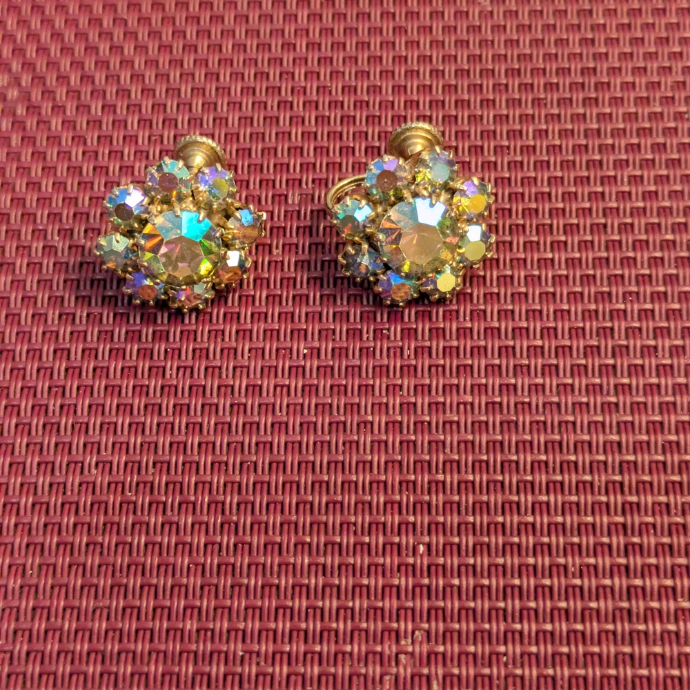 B#2: Vintage Aurora Borealis Cluster Earrings With Screw Back Closure